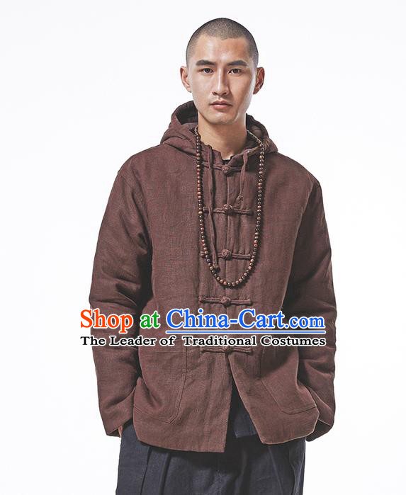 Chinese Hooded Cotton Linen Double-Breasted Tang Suit Plate Buttons Costumes, Chinese Style Ancient Thick Cotton-Padded Jacket Hanfu Male Winter Coat
