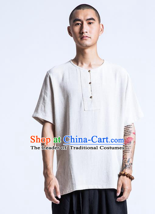 Traditional Chinese Linen Tang Suit Men Costumes, Chinese Ancient Round Neck Silk Floss Short Sleeved T-Shirt Brass Buttons Costume for Men