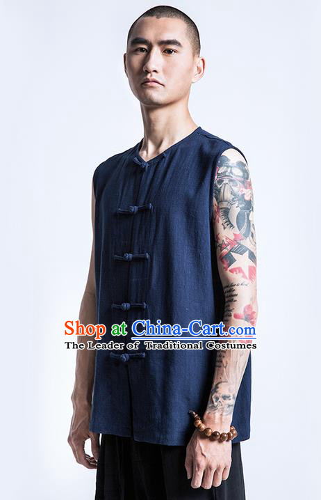 Traditional Chinese Linen Tang Suit Men Costumes Vest, Chinese Ancient Tangsuit Hanfu Plate Buttons Sleeveless Vests for Men