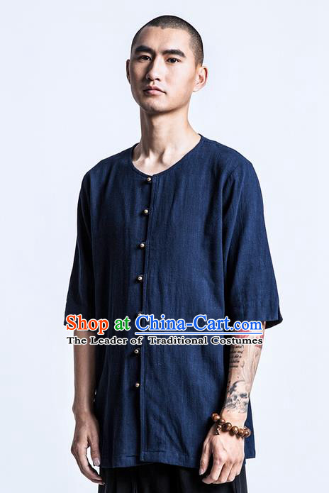 Traditional Chinese Linen Tang Suit Men Costumes, Chinese Ancient Silk Floss Short Sleeved T-Shirt Brass Buttons Costume for Men