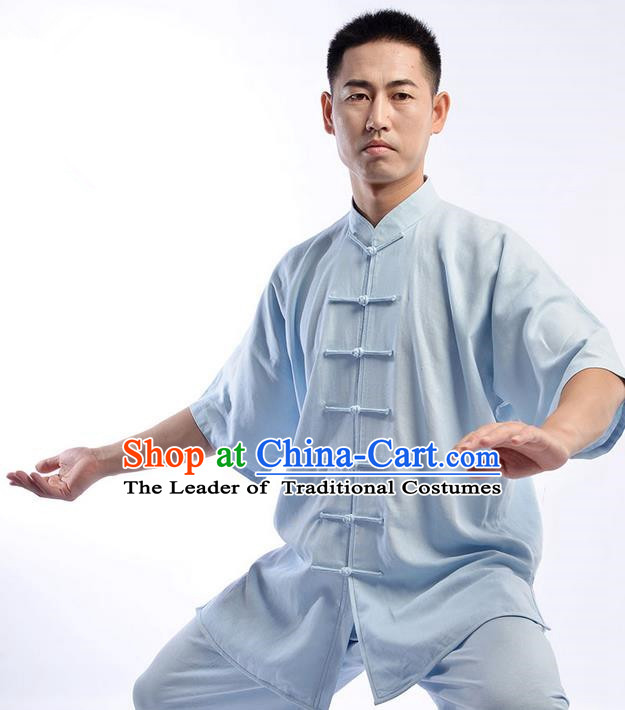 Traditional Chinese Short Sleeve Linen Kung Fu Costume Martial Arts Kung Fu Training Uniform Tang Suit Gongfu Shaolin Wushu Clothing Tai Chi Taiji Teacher Suits Uniforms for Men