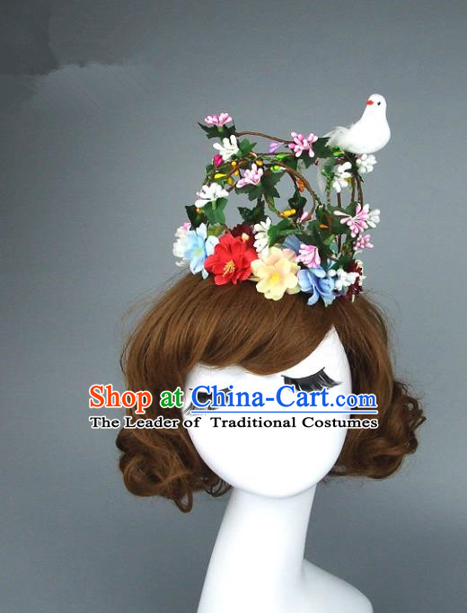 Top Grade Handmade Princess Hair Accessories Model Show Rattan Pigeon Royal Crown, Baroque Style Bride Deluxe Headwear for Women