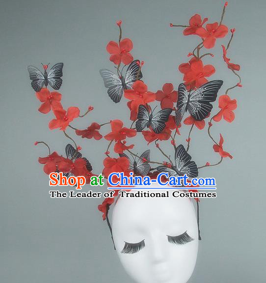 Asian China Butterfly Red Flowers Hair Accessories Model Show Headdress, Halloween Ceremonial Occasions Miami Deluxe Headwear