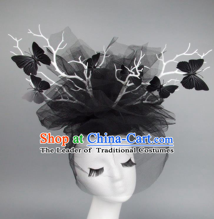 Asian China Black Veil Butterfly Hair Accessories Model Show Headdress, Halloween Ceremonial Occasions Miami Deluxe Headwear