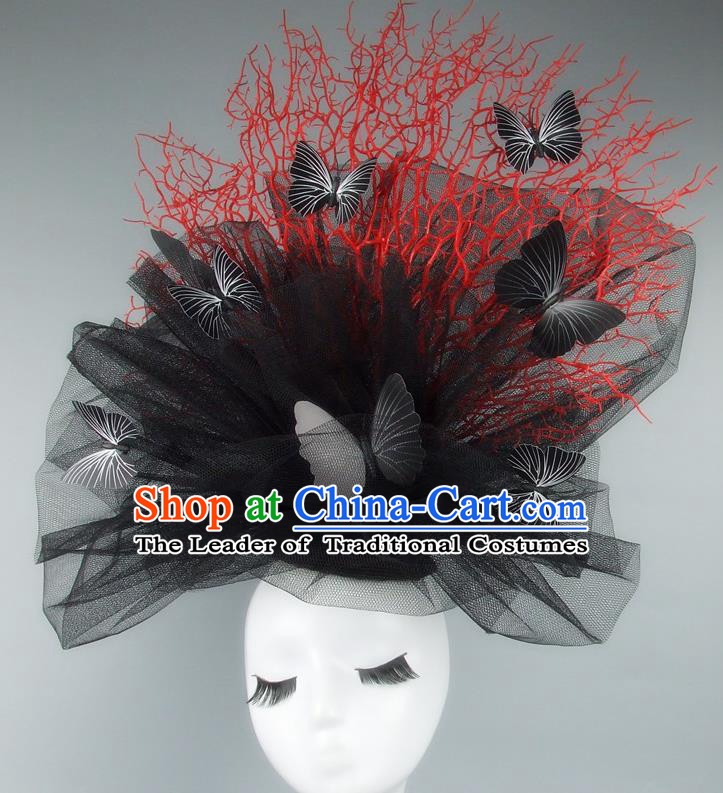 Asian China Exaggerate Red Branch Hair Accessories Model Show Veil Butterfly Headdress, Halloween Ceremonial Occasions Miami Deluxe Headwear