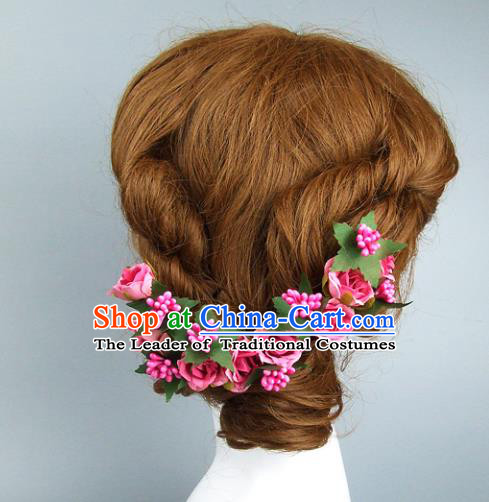 Traditional Handmade Classical Wedding Hair Accessories, Baroque Bride Pink Flowers Hair Clasp for Women