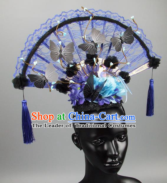 Traditional Handmade Chinese Ancient Hair Accessories, Qin Dynasty Queen Hat Blue Lace Headwear Hair Fascinators Tuinga for Women