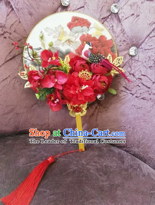 Traditional Handmade Chinese Ancient Wedding Red Flowers Butterfly Round Fans, Hanfu Palace Lady Bride Mandarin Fans for Women