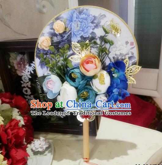 Traditional Handmade Chinese Ancient Wedding Round Fans, Hanfu Palace Lady Bride Blue Rose Flowers Mandarin Fans for Women