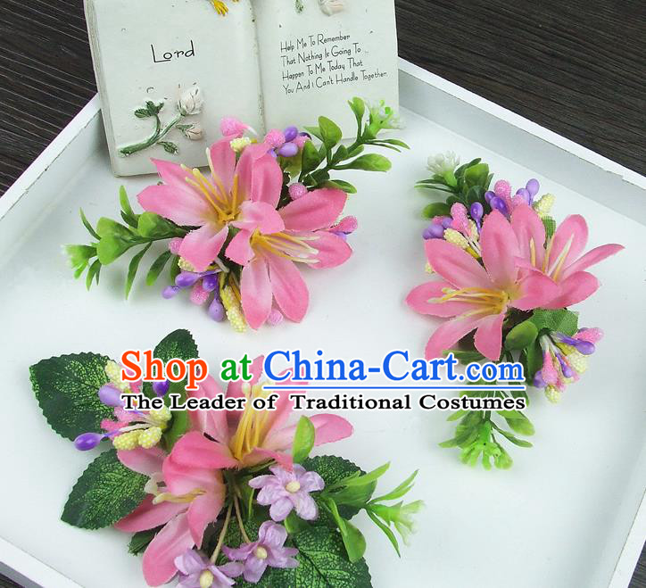 Asian China Wedding Bride Hair Accessories Pastoralism Pink Flower Hair Stick Baroque Headwear for Women