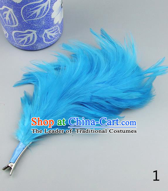 Top Grade Handmade Classical Hair Accessories Princess Blue Feather Bobby Pin, Baroque Style Wedding Bride Hair Claw for Women