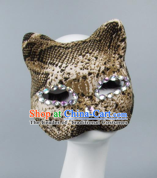 Handmade Exaggerate Fancy Ball Accessories Model Show Crystal Cat Mask, Halloween Ceremonial Occasions Face Mask