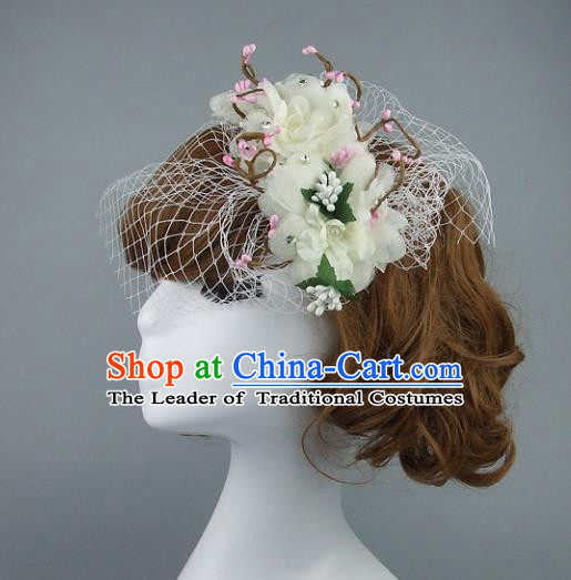 Top Grade Handmade Wedding Hair Accessories Model Show Veil Flowers Hair Stick, Baroque Style Bride Deluxe Headwear for Women