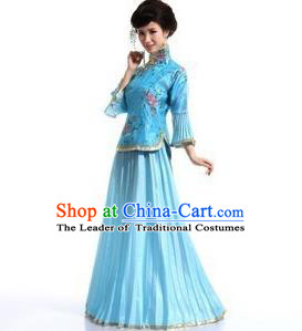 Traditional Ancient Chinese Manchu Nobility Lady Blue Xiuhe Suit Costume, Asian Chinese Qing Dynasty Embroidered Dress Clothing for Women