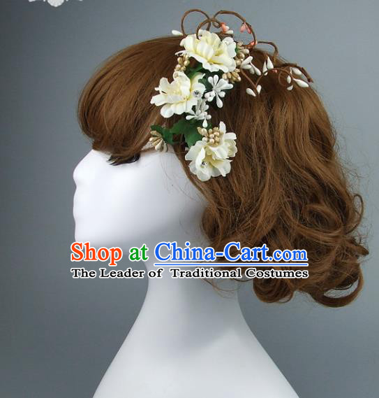 Top Grade Handmade Wedding Hair Accessories Model Show White Flowers Hair Clasp, Baroque Style Bride Deluxe Headwear for Women