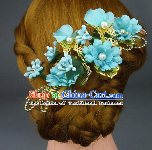 Top Grade Handmade Wedding Hair Accessories Blue Silk Flowers Hair Stick, Baroque Style Bride Headwear for Women