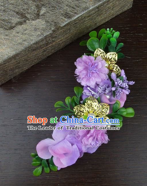 Top Grade Handmade Wedding Hair Accessories Purple Silk Flowers Hair Stick Headpiece, Baroque Style Bride Headwear for Women
