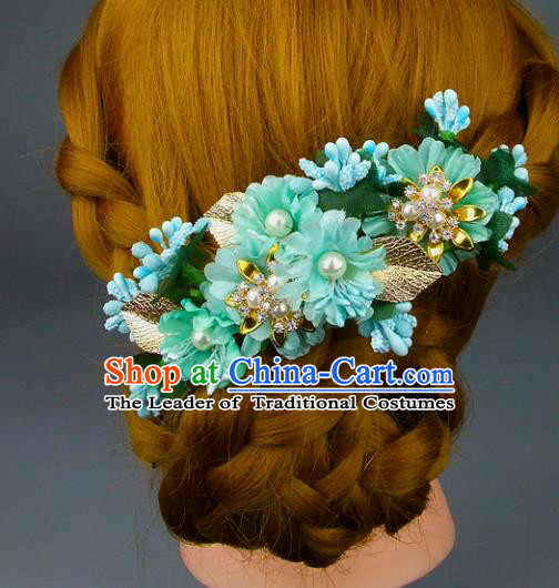 Top Grade Handmade Wedding Hair Accessories Green Silk Flowers Pearls Hair Stick, Baroque Style Bride Headwear for Women