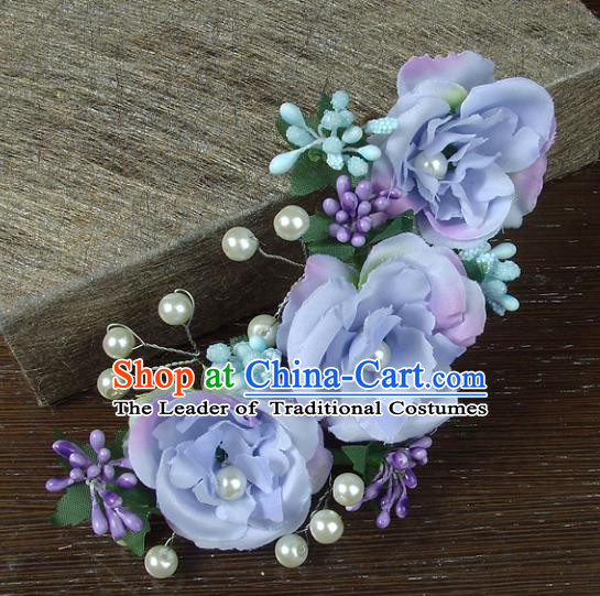 Top Grade Handmade Wedding Hair Accessories Headdress Lilac Silk Flowers, Baroque Style Bride Pearls Headwear for Women