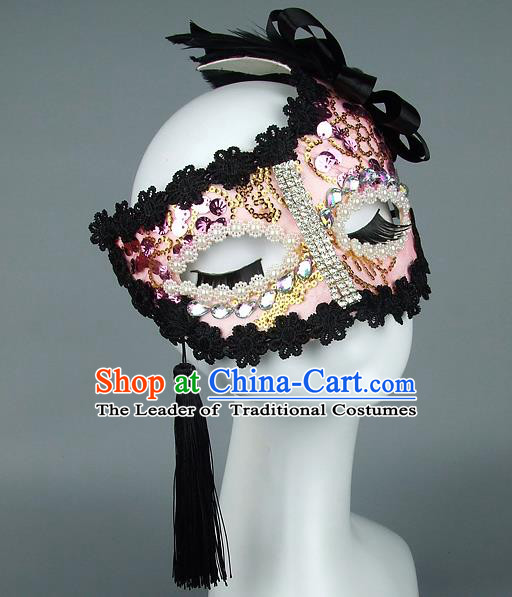 Top Grade Handmade Exaggerate Fancy Ball Model Show Lace Tassel Pink Mask, Halloween Ceremonial Occasions Face Mask