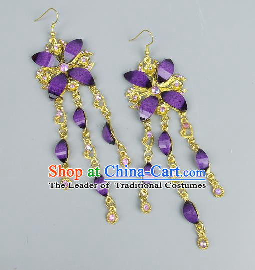 Top Grade Wedding Accessories Vintage Tassel Earrings, Baroque Style Handmade Bride Purple Crystal Butterfly Eardrop for Women