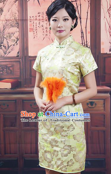 Traditional Chinese National Costume Tang Suit Short Qipao, China Ancient Cheongsam Embroidered Golden Chirpaur Dress for Women