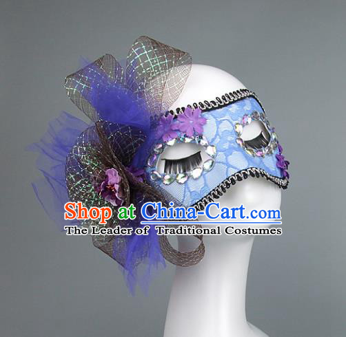 Top Grade Handmade Exaggerate Fancy Ball Accessories Model Show Blue Lace Bowknot Mask, Halloween Ceremonial Occasions Face Mask