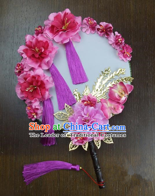 Traditional Handmade Chinese Ancient Wedding Pink Peony Tassel Round Fans, Hanfu Palace Lady Bride Mandarin Fans for Women