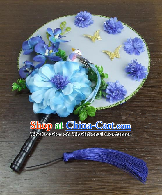 Traditional Handmade Chinese Ancient Wedding Blue Flowers Butterfly Round Fans, Hanfu Palace Lady Bride Xiuhe Suit Mandarin Fans for Women
