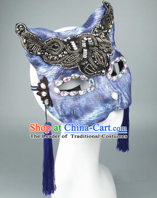 Handmade Halloween Fancy Ball Accessories Cat Blue Mask, Ceremonial Occasions Miami Face Mask