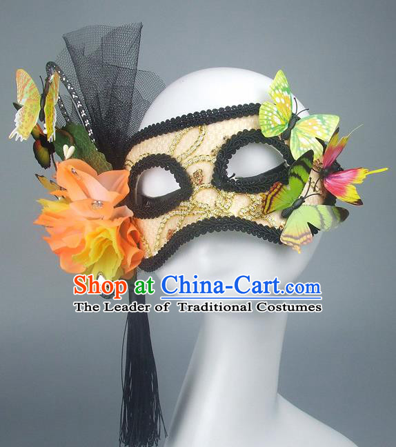 Handmade Halloween Fancy Ball Accessories Yellow Lace Mask, Ceremonial Occasions Miami Model Show Butterfly Face Mask