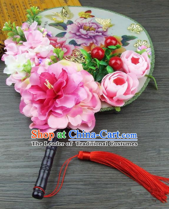 Traditional Handmade Chinese Ancient Wedding Rosy Flowers Butterfly Round Fans, Hanfu Palace Lady Bride Xiuhe Suit Mandarin Fans for Women