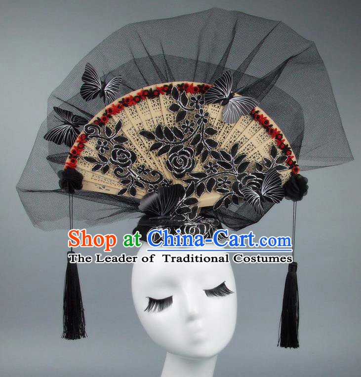 Handmade Asian Chinese Fan Hair Accessories Black Veil Butterfly Headwear, Halloween Ceremonial Occasions Miami Model Show Tassel Headdress