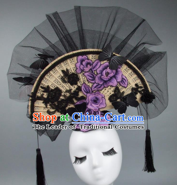 Handmade Asian Chinese Fan Hair Accessories Purple Lace Flowers Butterfly Headwear, Halloween Ceremonial Occasions Miami Model Show Tassel Headdress