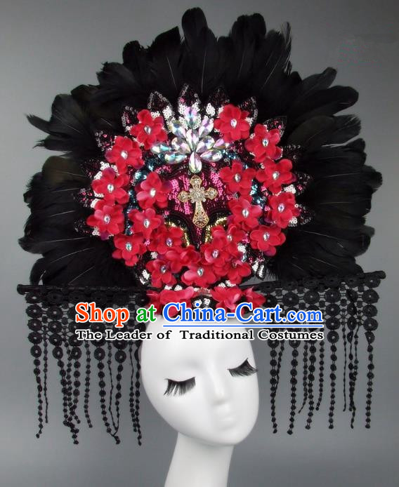 Handmade Asian Chinese Fan Hair Accessories Red Flowers Feather Lace Tassel Headwear, Halloween Ceremonial Occasions Manchu Model Show Headdress