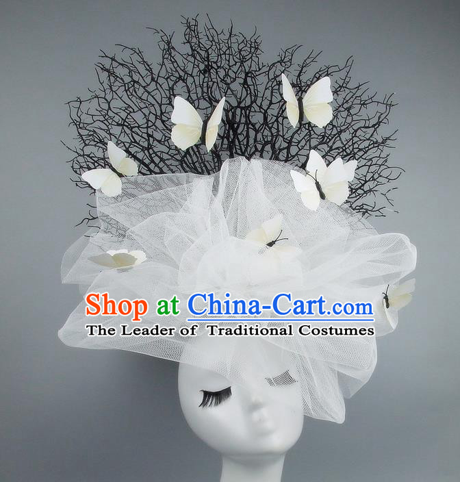 Handmade Exaggerate Fancy Ball Hair Accessories White Veil Butterfly Headwear, Halloween Ceremonial Occasions Model Show Headdress