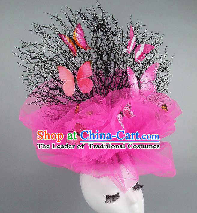 Handmade Exaggerate Fancy Ball Hair Accessories Pink Veil Butterfly Headwear, Halloween Ceremonial Occasions Model Show Headdress
