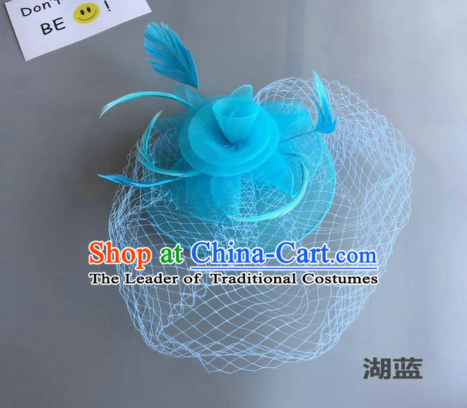 Top Grade Handmade Wedding Hair Accessories Light Blue Feather Veil Headwear, Baroque Style Bride Silk Headdress for Women