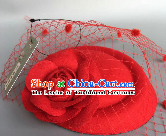 Handmade Wedding Vintage Hair Accessories Red Flower Veil Wool Top Hat, Bride Ceremonial Occasions Model Show Headdress