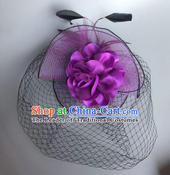 Handmade Vintage Hair Accessories Purple Veil Feather Headwear, Halloween Ceremonial Occasions Model Show Headdress