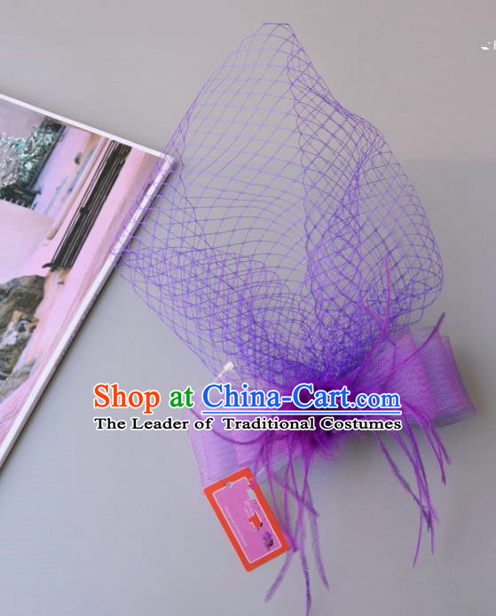 Handmade Vintage Hair Accessories Veil Purple Bowknot Headwear, Bride Ceremonial Occasions Model Show Headdress