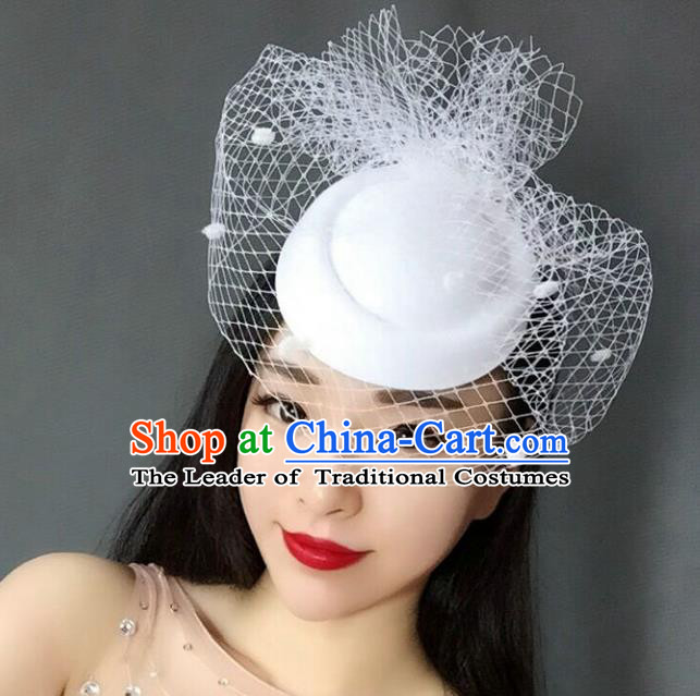 Handmade Vintage Hair Accessories Veil White Top Hat Headwear, Bride Ceremonial Occasions Model Show Headdress