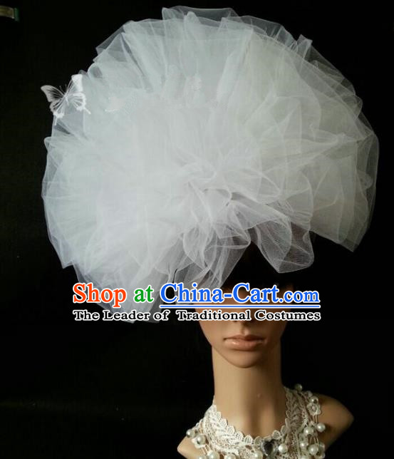 Handmade Baroque Wedding Hair Accessories White Veil Headwear, Bride Ceremonial Occasions Vintage Hair Clasp for Women