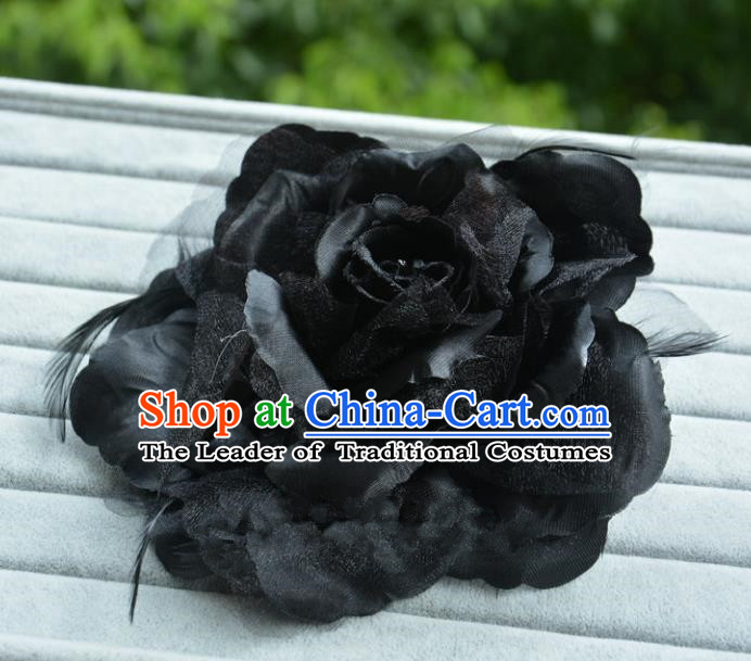 Handmade Baroque Hair Accessories Model Show Black Feather Flower Hair Stick, Bride Ceremonial Occasions Headwear for Women