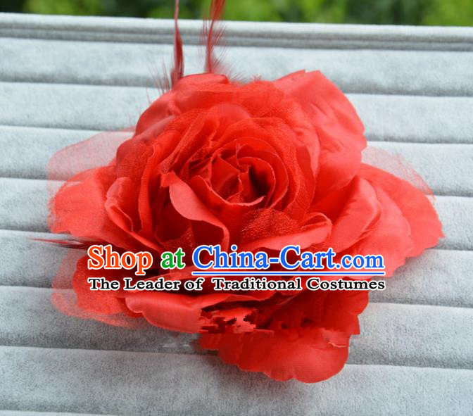 Handmade Baroque Hair Accessories Model Show Red Feather Flower Hair Stick, Bride Ceremonial Occasions Headwear for Women
