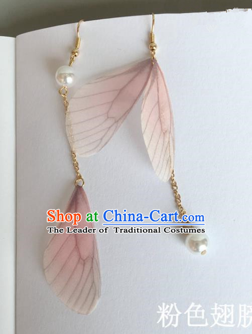 Handmade Wedding Accessories Pink Wing Earrings, Bride Ceremonial Occasions Pearl Tassel Eardrop for Women