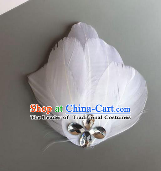 Handmade Baroque Hair Accessories White Feather Headwear, Bride Ceremonial Occasions Ballet Hair Stick for Women