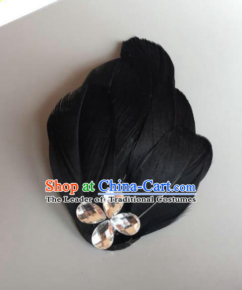 Handmade Baroque Hair Accessories Black Feather Headwear, Bride Ceremonial Occasions Ballet Hair Stick for Women