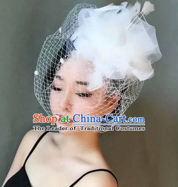 Handmade Baroque Hair Accessories White Feather Headwear, Bride Ceremonial Occasions Veil Headpiece for Women