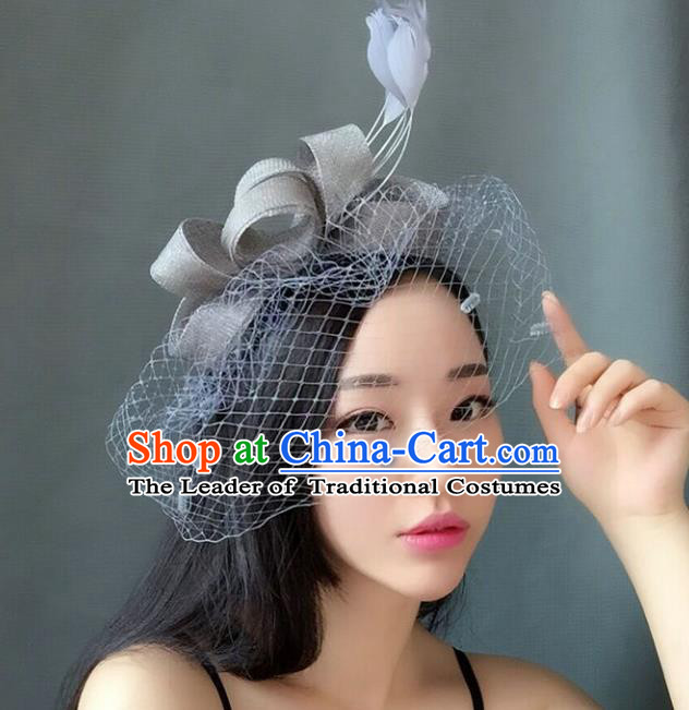Handmade Baroque Hair Accessories Grey Feather Headwear, Bride Ceremonial Occasions Veil Hat for Women